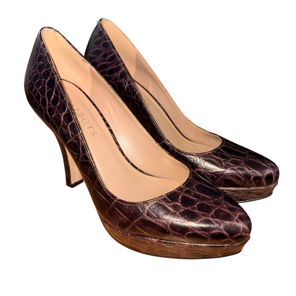 Talbots Platform Pumps Womens 6B Pre-Owned Burgundy Croc Embossed Leather Brazil